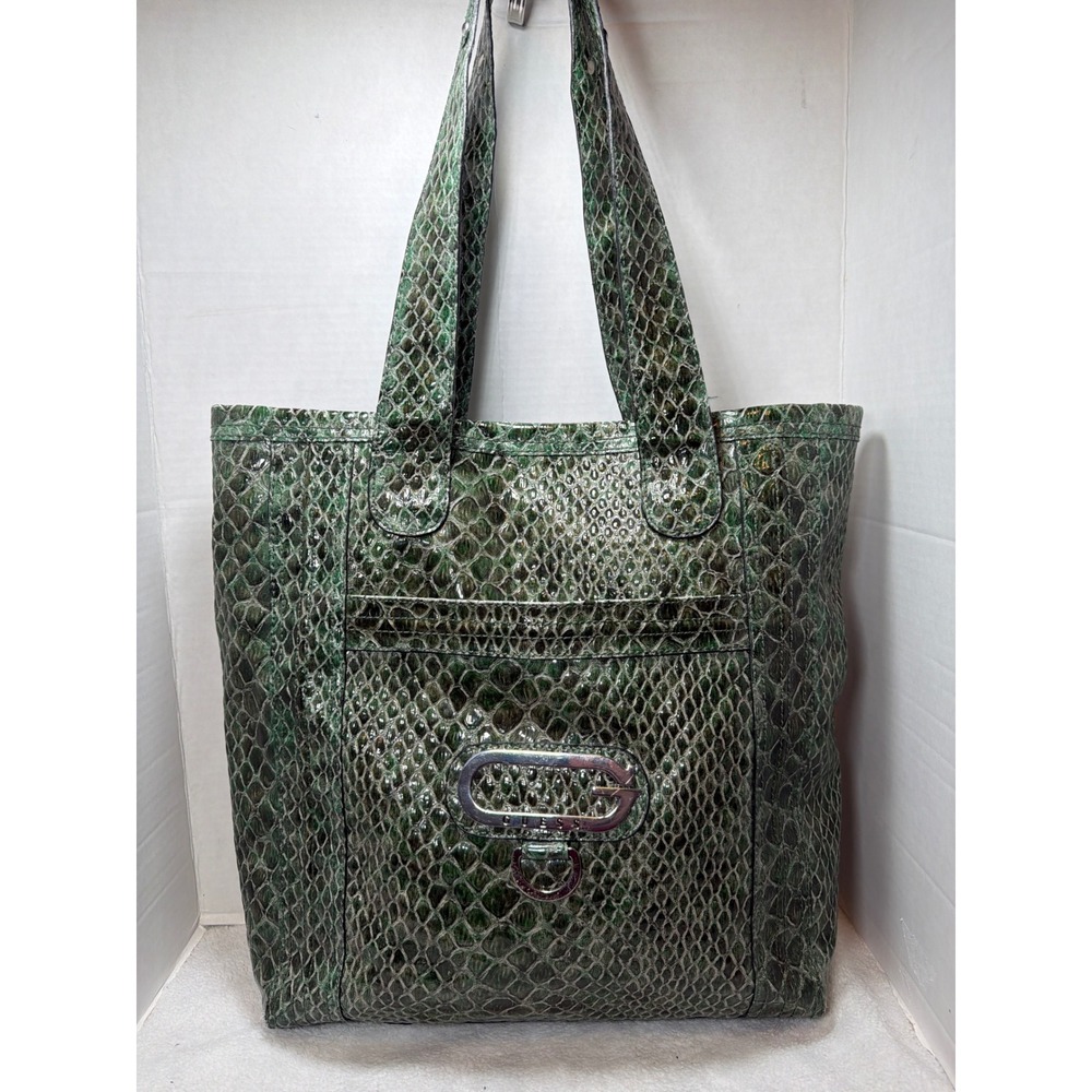 Y2K Guess Sorority Tote Bag Large Green Croc Embossed Faux Leather G Logo 14"
